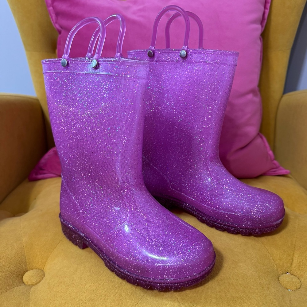 HugRain Brand Pink Sparkle Welly Rain Boots - Heels Light Up! Size 12
